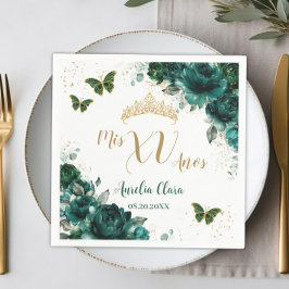 Smaragdgroene Bloem Quinceanera Gouden Vlinders Servet