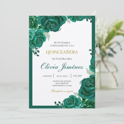 Smaragdgroene bloem quinceañera kaart (Staand voorkant)