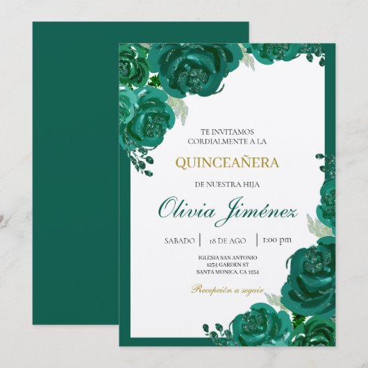 Smaragdgroene bloem quinceañera kaart (Voorkant / Achterkant)