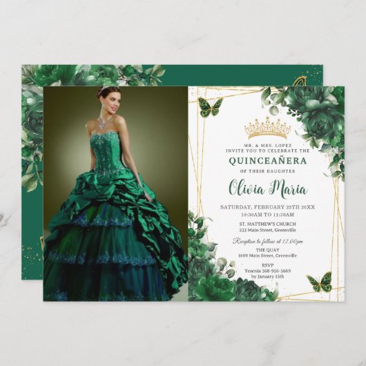 Smaragdgroene bloemen bloemenquinceañera Afbeeldin Kaart (Voorkant / Achterkant)