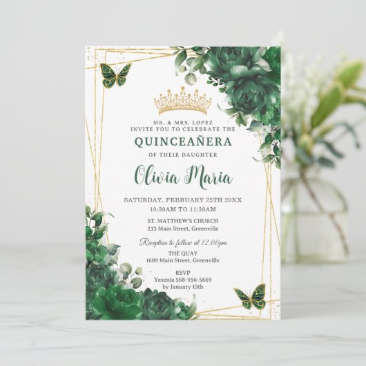 Smaragdgroene bloemen bloemenquinceañera vlinder kaart (Staand voorkant)