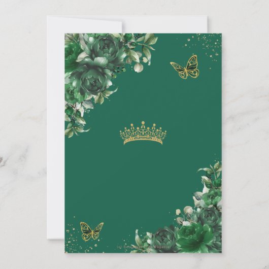 Smaragdgroene bloemen bloemenquinceañera vlinder kaart (Achterkant)