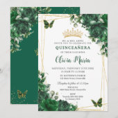 Smaragdgroene bloemen bloemenquinceañera vlinder kaart (Voorkant / Achterkant)