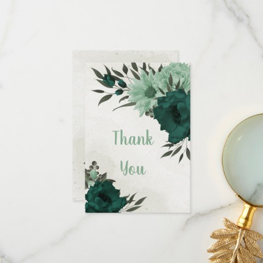 Smaragdgroene bloemen botanisch bedankkaart (Voorkant / Achterkant in situ)