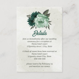 Smaragdgroene bloemen botanische bruiloft informatiekaartje