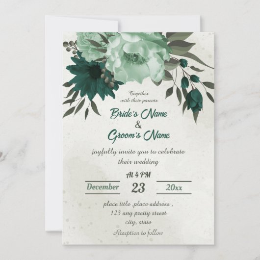 Smaragdgroene bloemen botanische bruiloft kaart (Voorkant)