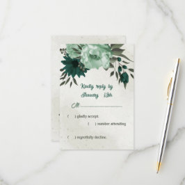 Smaragdgroene bloemen botanische bruiloft RSVP kaartje