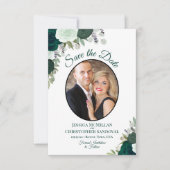 Smaragdgroene bloemen elegante boho bruiloft foto save the date (Voorkant)