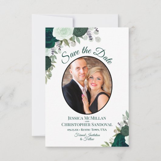 Smaragdgroene bloemen elegante boho bruiloft foto save the date (Voorkant)