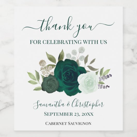 Smaragdgroene bloemen elegante bruiloft dank u wijn etiket (Enkel label)