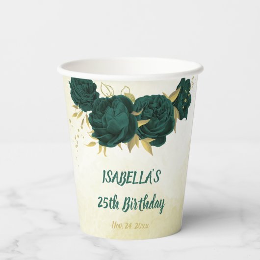 Smaragdgroene bloemen en gouden bladeren papieren bekers (Achterkant)