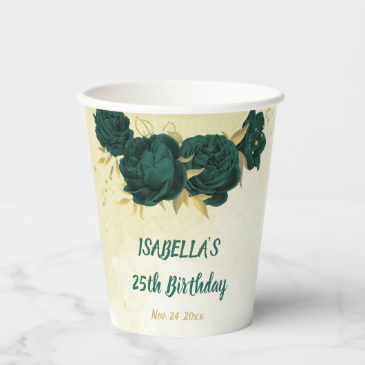 Smaragdgroene bloemen en gouden bladeren papieren bekers (Voorkant)