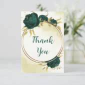 Smaragdgroene bloemen gouden bladeren bruiloft bedankkaart (Staand voorkant)