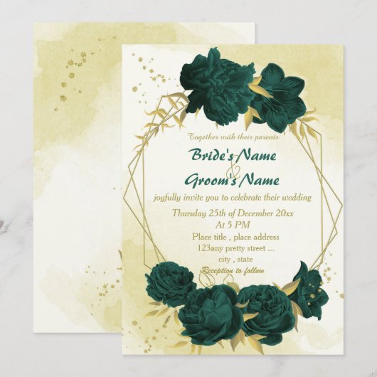 Smaragdgroene bloemen gouden bladeren bruiloft kaart (Voorkant / Achterkant)