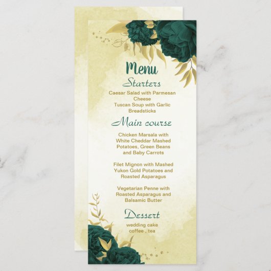 Smaragdgroene bloemen gouden bladeren bruiloft menu (Voorkant / Achterkant)