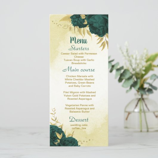 Smaragdgroene bloemen gouden bladeren bruiloft menu (Staand voorkant)