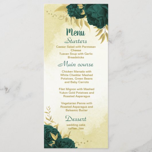 Smaragdgroene bloemen gouden bladeren bruiloft menu (Voorkant)