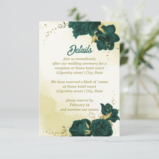 Smaragdgroene bloemen gouden bladeren informatiekaartje (Staand voorkant)