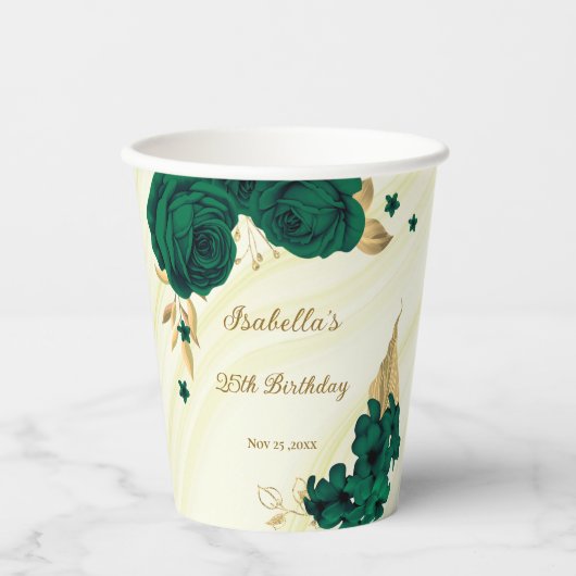 smaragdgroene bloemen gouden bladeren marmer papieren bekers (Voorkant)