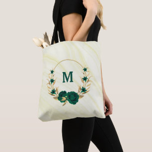 Smaragdgroene bloemen gouden bladeren marmeren can tote bag