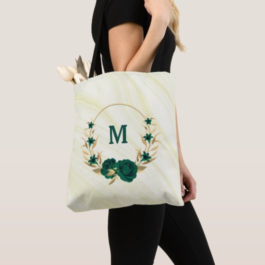Smaragdgroene bloemen gouden bladeren marmeren can tote bag (Dichtbij)
