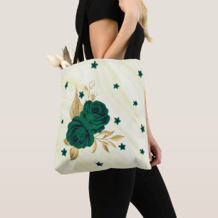 Smaragdgroene bloemen gouden bladeren marmeren can tote bag