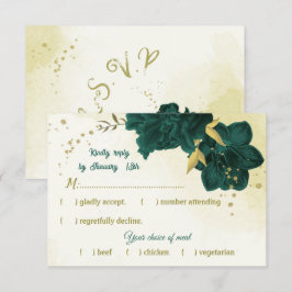 Smaragdgroene bloemen gouden bladeren RSVP kaartje