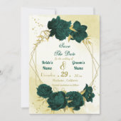 Smaragdgroene bloemen gouden bladeren save the date (Voorkant)