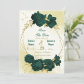 Smaragdgroene bloemen gouden bladeren save the date (Staand voorkant)