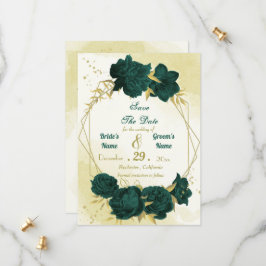 Smaragdgroene bloemen gouden bladeren save the date