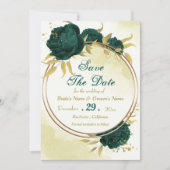 Smaragdgroene bloemen gouden bladeren save the date (Voorkant)