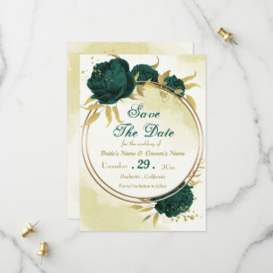 Smaragdgroene bloemen gouden bladeren save the date