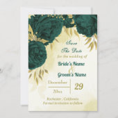Smaragdgroene bloemen gouden bladeren save the date (Voorkant)