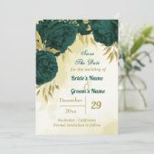 Smaragdgroene bloemen gouden bladeren save the date (Staand voorkant)