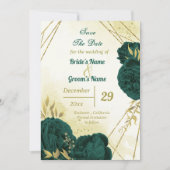 Smaragdgroene bloemen gouden bladeren save the date (Voorkant)