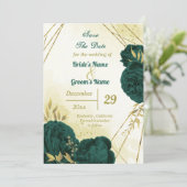 Smaragdgroene bloemen gouden bladeren save the date (Staand voorkant)
