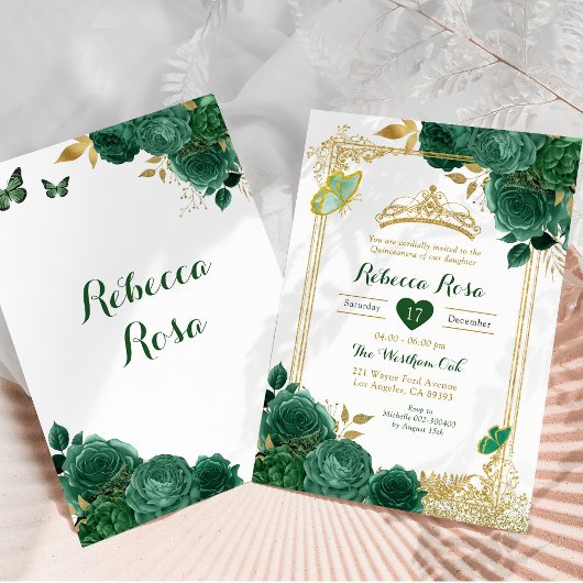Smaragdgroene bloemen gouden koninklijke quinceañe kaart