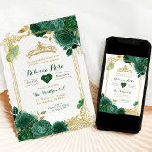 Smaragdgroene bloemen gouden koninklijke quinceañe kaart