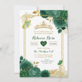Smaragdgroene bloemen gouden koninklijke quinceañe kaart (Voorkant)