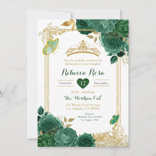 Smaragdgroene bloemen gouden koninklijke quinceañe kaart (Voorkant)