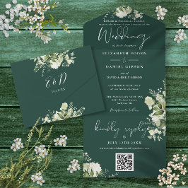 Smaragdgroene Bloemencode QR Code Formele Trouwfee All In One Uitnodiging
