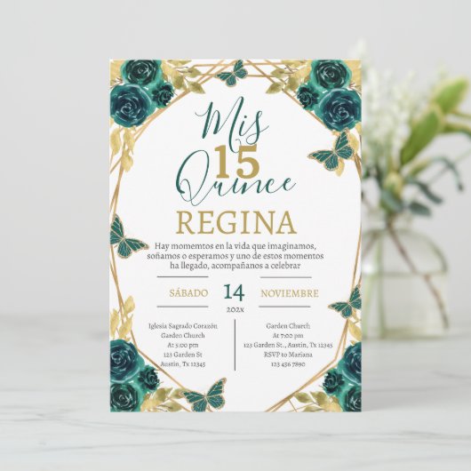 Smaragdgroene Bloemenen Vlinders Quinceañera Kaart (Staand voorkant)