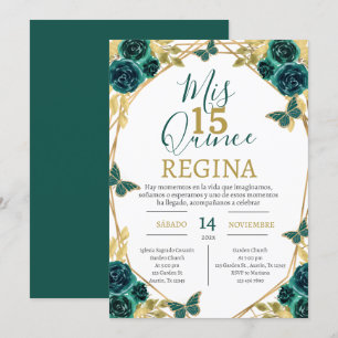 Smaragdgroene Bloemenen Vlinders Quinceañera Kaart