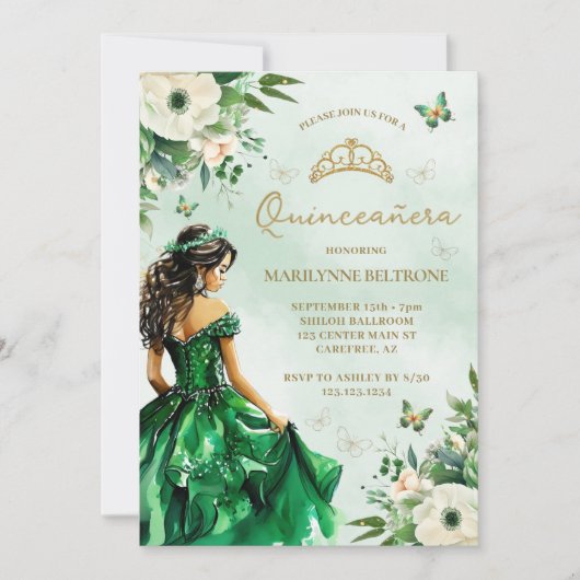 Smaragdgroene bloemenjurk Butterfly Quinceañera Kaart (Voorkant)