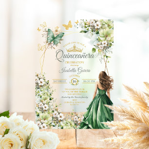 Smaragdgroene bloemenkroon gouden vlinder Quinceañ Acryl Uitnodigingen