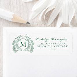 Smaragdgroene bloemenkroon monogram adres etiket