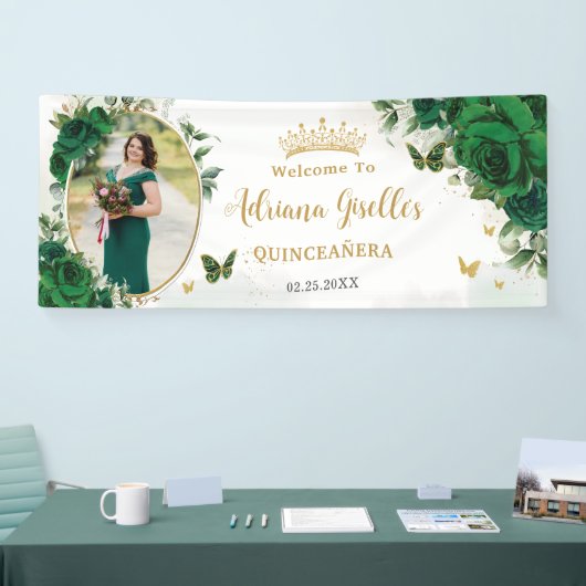 Smaragdgroene bloemenquinceañera foto achtergrond spandoek (Beurs)