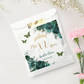 Smaragdgroene bloemenquinceanera gouden vlinders bedankzakje (Gezegeld)