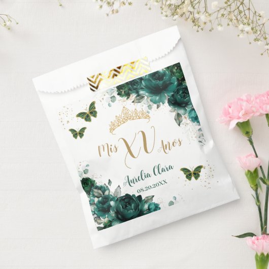 Smaragdgroene bloemenquinceanera gouden vlinders bedankzakje (Gezegeld)
