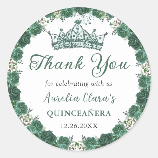 Smaragdgroene bloemenquinceañera ronde sticker (Voorkant)